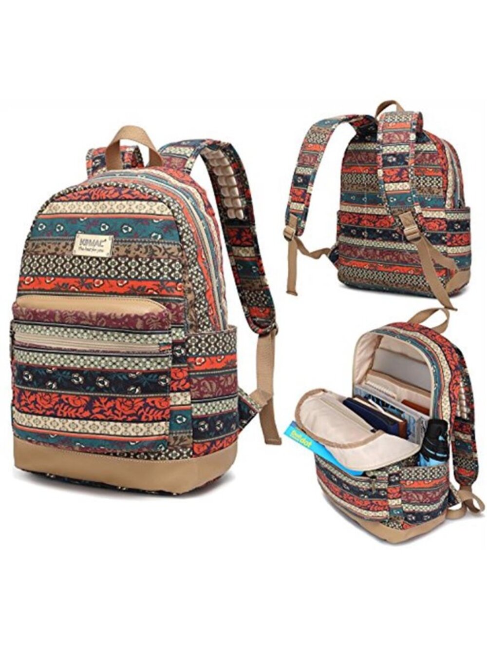 Bohemian Laptop Backpack 15.6 Inch USB Charging Port Travel Canvas Striped Bag